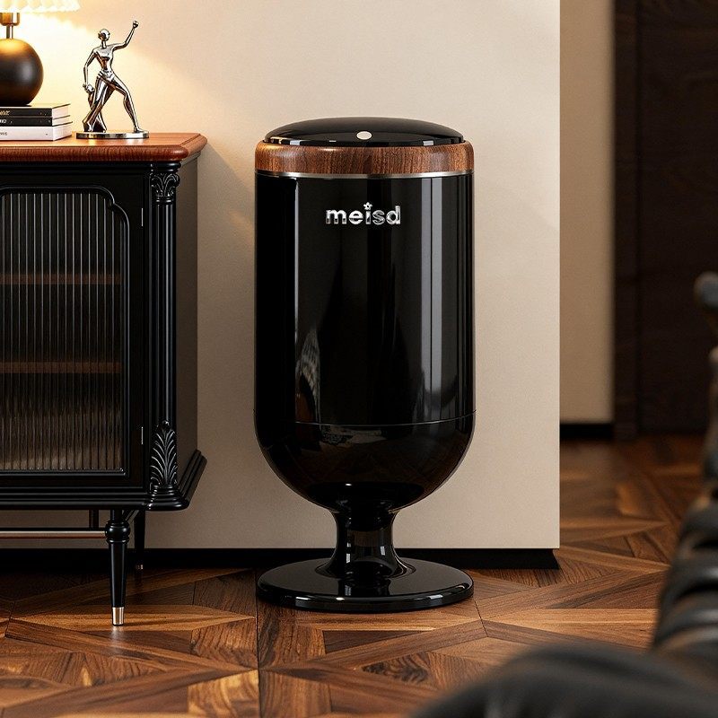 Meishida No-Bending Tall Trash Can for Living Room, Luxury High-End with Lid, High Aesthetic Value for Bedroom and Kitchen, Wine Glass Holder