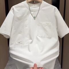 2025 新ポケットラウンドネックトレンディなブランド夏ルーズカジュアル Tシャツ半袖メンズスプライシングデザイン無地