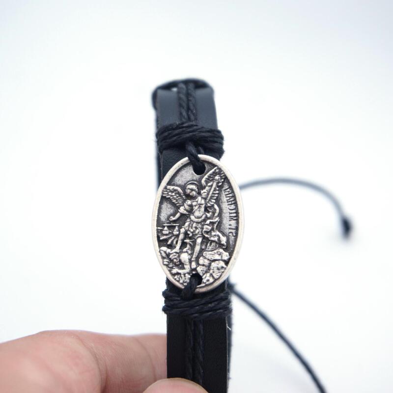New Viking Leather Bracelet Archangel Saint Michael Holy Shield Guardian Angel with Prayer Protection Pendant