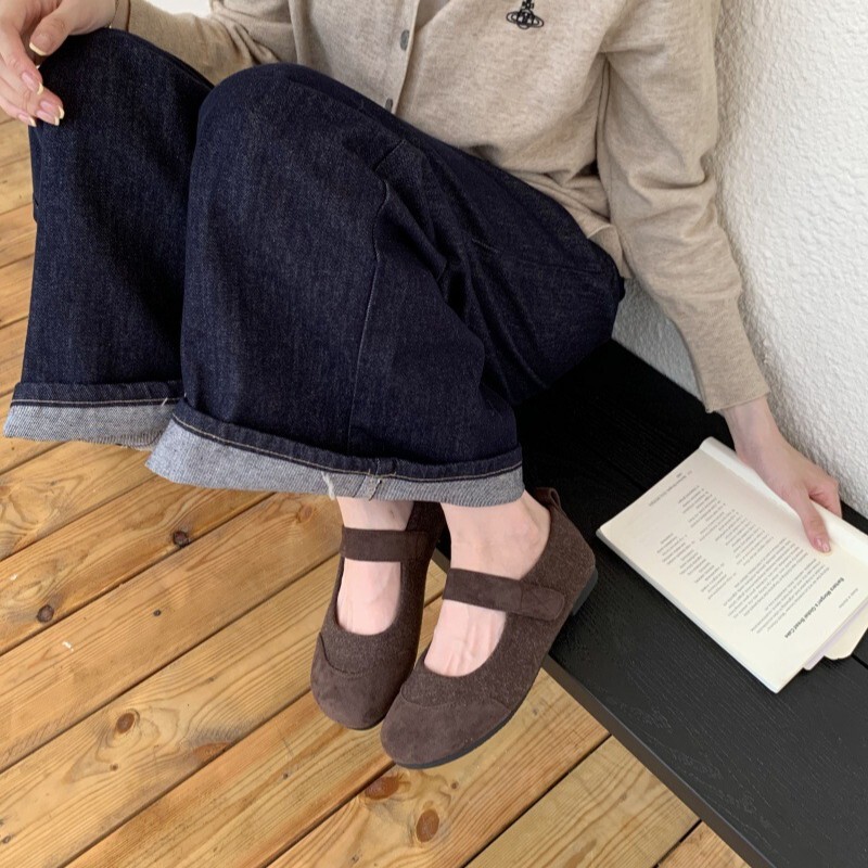 魔术贴一字带毛粘浅口平底单鞋女韩版复古一脚蹬拼接丑萌勃肯鞋女|undefined
