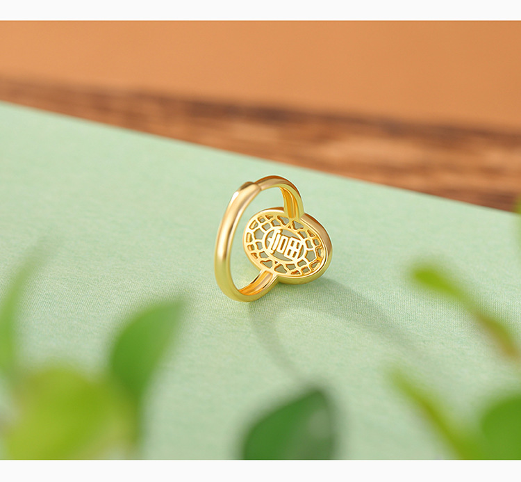 Nhẫn bạc S925 mạ vàng đính ngọc bích hình bầu dục phong cách đơn giản — Một chiếc chi tiết 3