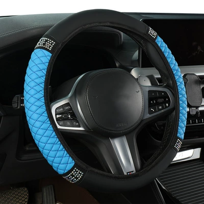 Steering wheel cover, car steering wheel cover PU - blue-black-line-colored-diamond-38cm