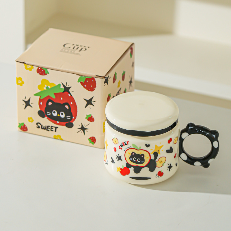 Regalo de cumpleaños Taza de dibujos animados para novias Taza de cerámica con tapa Regalo de mano Taza de agua para gatos lindos