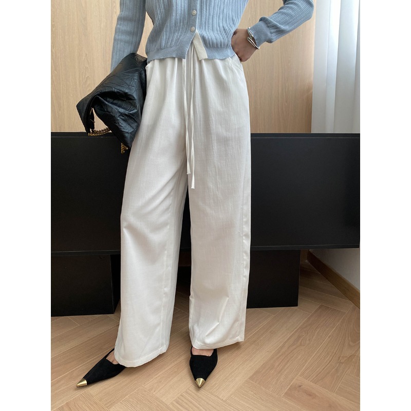 司南早秋新款亚麻混纺抽绳松紧高腰显瘦休闲牛仔阔腿裤