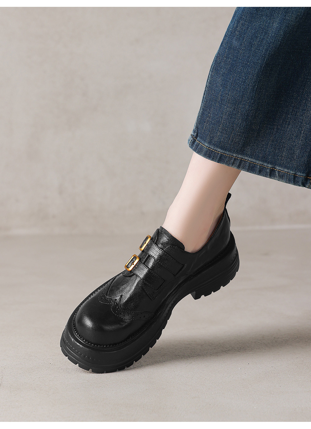 Giày loafer nữ đế dày mũi tròn gót vuông ổn định, khóa thắt lưng kép — màu nâu chi tiết 8
