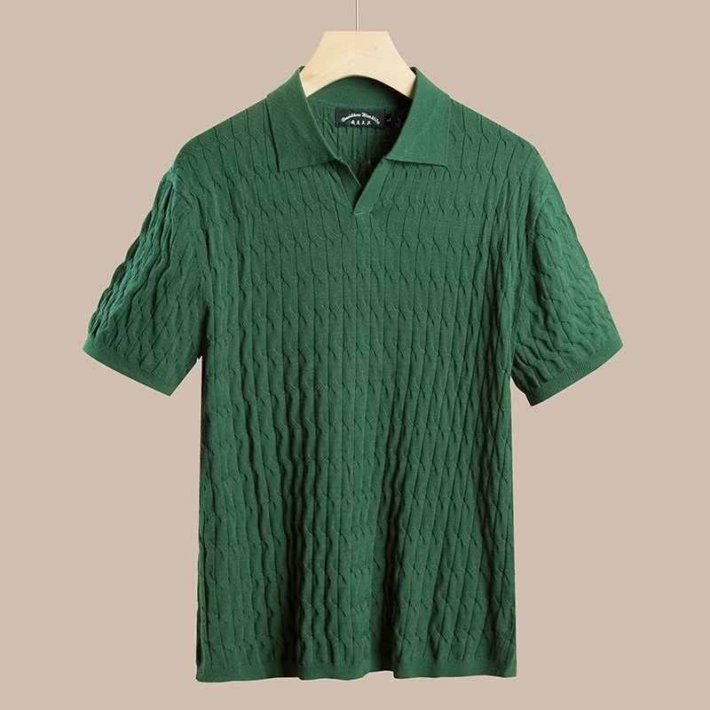 Nueva Camiseta de manga corta de seda de hielo a rayas casual ropa superior de los hombres delgados simples suéter de moda