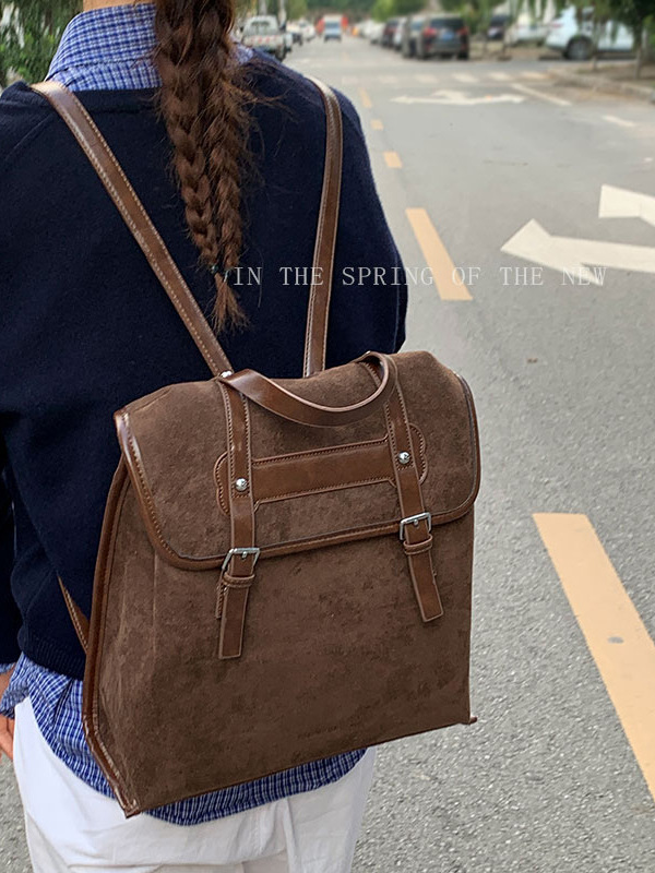 复古英伦风双肩包包女2025新款时尚手提公文包大容量麂皮绒背包|undefined