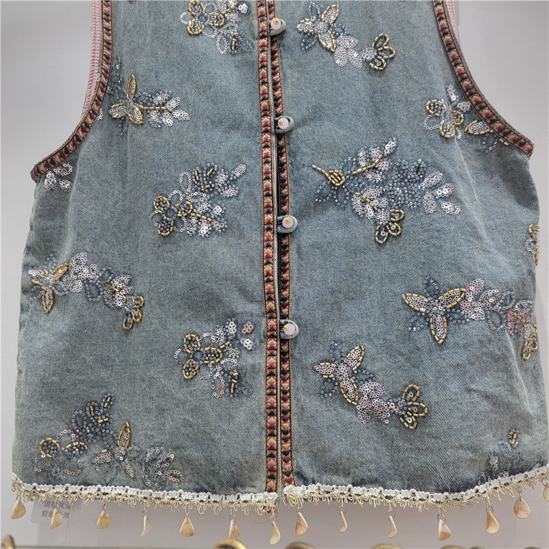 Bohemia conchas bordadas chaleco de vaquín mujer 2026 primavera y verano industria pesada bordada sequilla retro clip de hombro de viento image 4