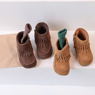 Girl's Retro Short Boots Winter Korean Style Girl's Tassel Princess Boots Children's fleece-lined Warm Cotton Boots Baby Boots Soft