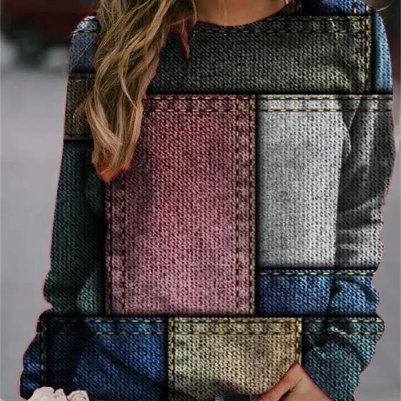 Autumn and Winter Colorful Patchwork Round-Neck Sweatshirt for Women, Cross-Border Amazon Supply Digital Print Outerwear Women's Sweatshirt