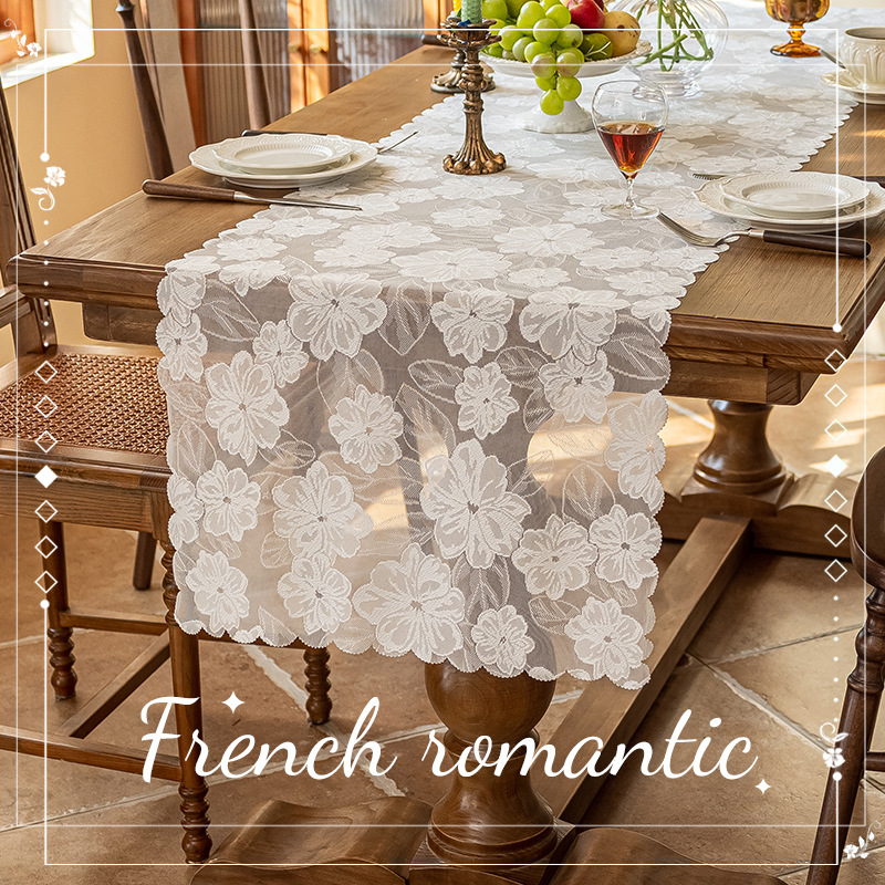 French Accessible Luxury Lace Cover Cloth Atmospheric Romantic Decorative Tablecloth White Lace Coffee Table Sideboard Wedding Table Runner