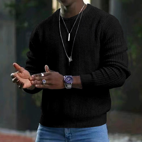Autumn and Spring Men's Plain Color Checkered Crew Neck Long Sleeve T-Shirt European Size Breathable Loose Fit