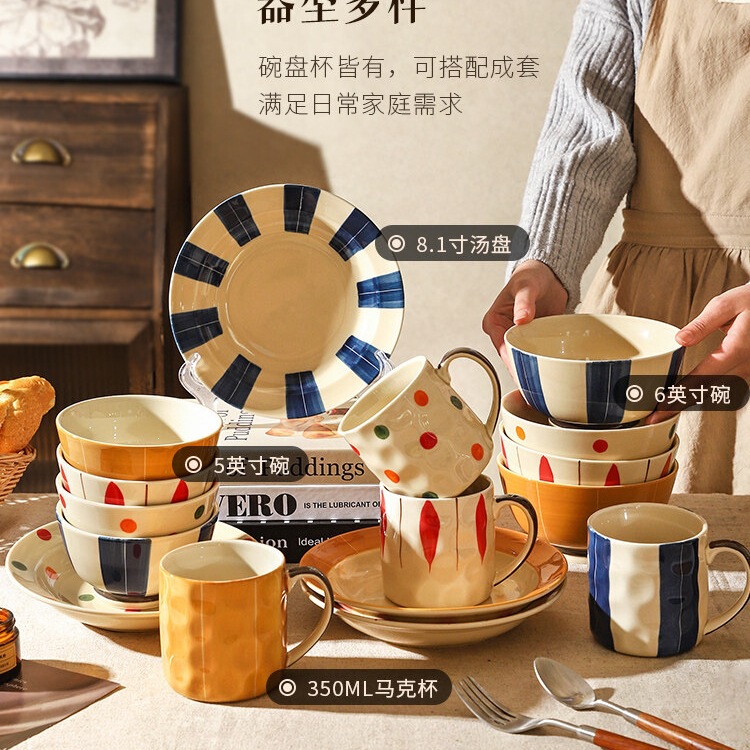 Japanese-Style Hand-Painted Underglaze Color Dinnerware Set, Bowl and Plate Combination, High Aesthetic Value Rice Bowl, Western-Style Dinner Plate, Small Bowl, Dinner Plate