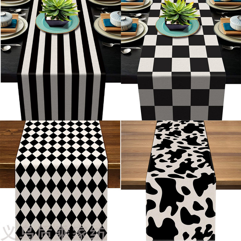 Bandera de mesa de rayas geométricas de lino de Amazon moderna y simple mantel a cuadros en blanco y negro almohadilla de mesa para el hogar image 1