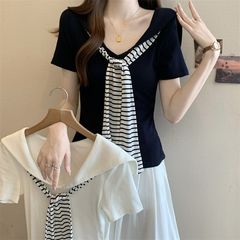 大きいサイズのストライプネクタイネイビーカラー半袖Tシャツ女性用2025年夏新作ゆったり痩身お腹カバーファッショントップ