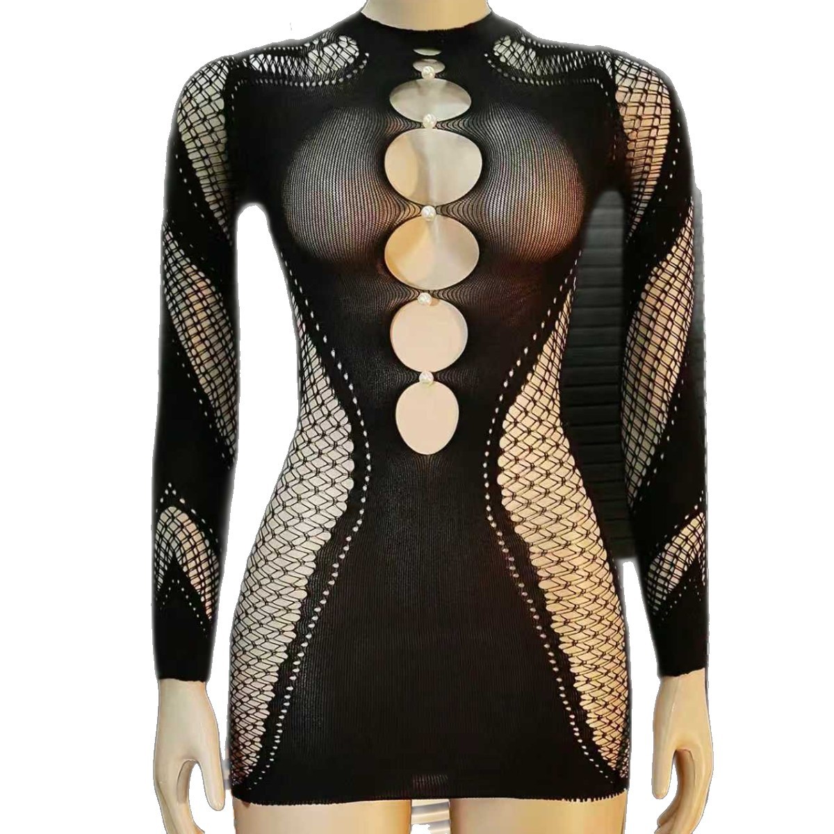 Vestido Malla Ajustado con Perlas en Pecho YD251210 de Nylon y Elastano para Citas de Pareja