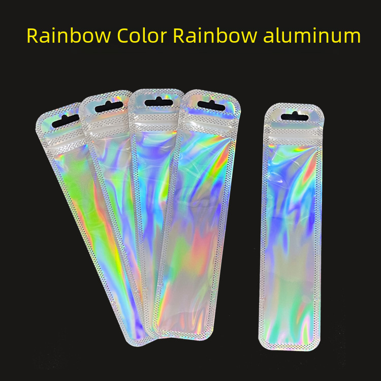 Self-sealing pouch with a small and long strip shape, made of semi-transparent frosted plastic, with rhinestones and a touch screen pen for packaging.