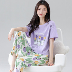 純綿パジャマ女性夏の半袖ズボン夏の薄い綿のカジュアルな家庭用服セット