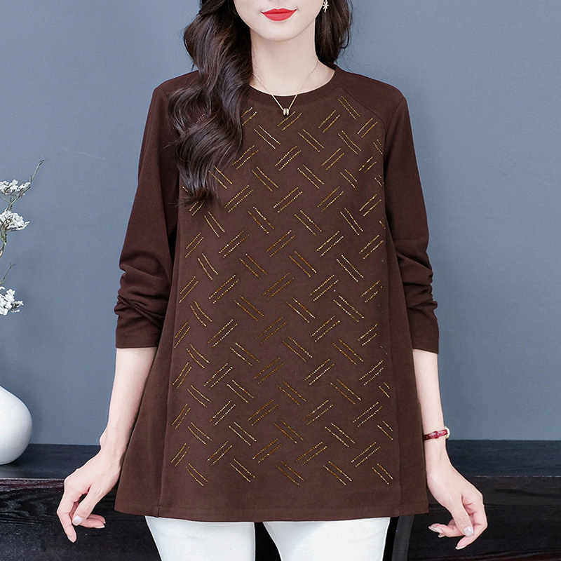 Autumn and Winter slimming loose elastic light mature jacquard brushed long-sleeved bottoming shirt T-shirt top middle-aged and elderly women's clothing