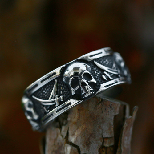 Beier Cross-border New Stainless Steel Punk Hip-hop Skull Ring Wholesale Titanium Steel Personal Dual Scythe Ring
