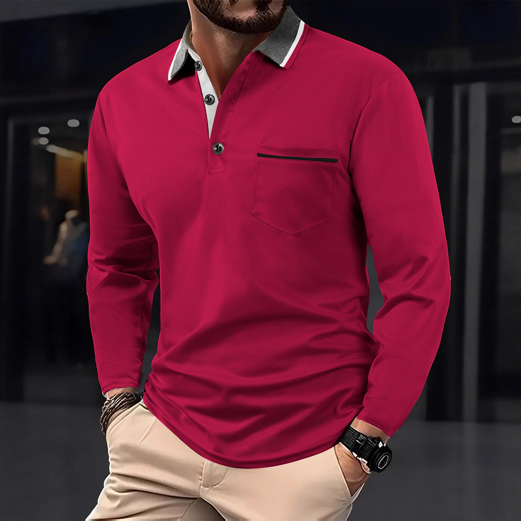 2025 European and American Cross-Border Men's Polo Shirt Fashion Lapel Golf Clothing Men's Sports Long-Sleeved Polo Shirt Wholesale