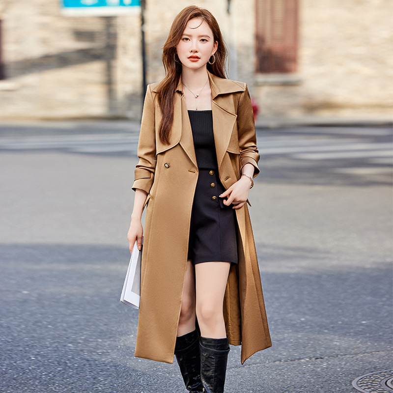 khaki Mid-length Coat Women's 2024 Autumn New High-end Elegant British Style Coat Popular Coat