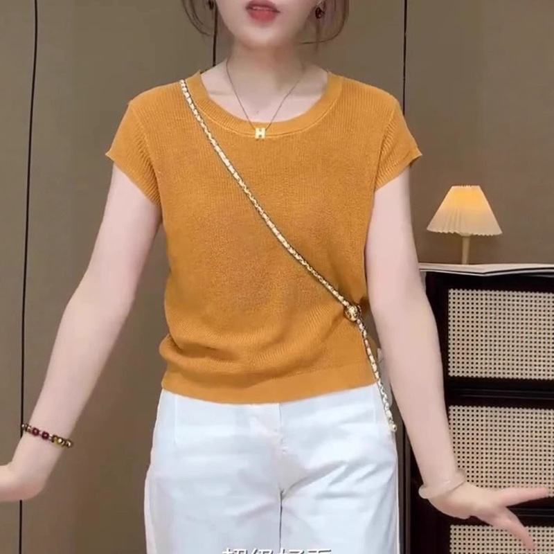 韩版休闲简约日常百搭款橘色上衣女2025夏季高级感薄款防晒针织衫|undefined