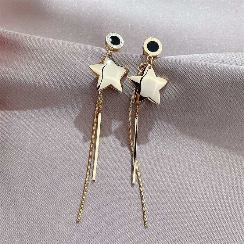 New Japanese And Korean Simple Five-pointed Star Tassel Earrings High-end Long Fashion Earrings display picture 3