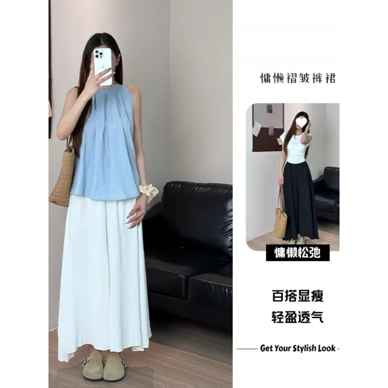 White High-Waisted Draped Skirt Pants for Women, Cool and Versatile Puff Pants for Summer, Slimming Wide-Leg Pants