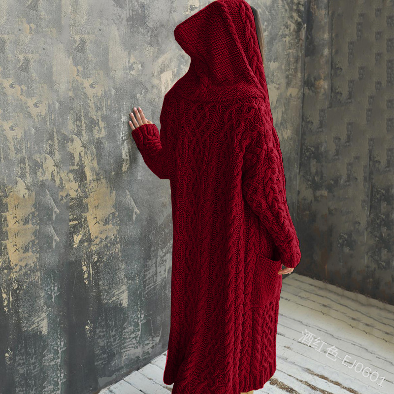 Comercio exterior transfronterizo 2023 europeo y americano nuevo cardigan Twist trenza estilo perezoso con capucha cardigan largo suéter Otoño e Invierno ropa de mujer image 12