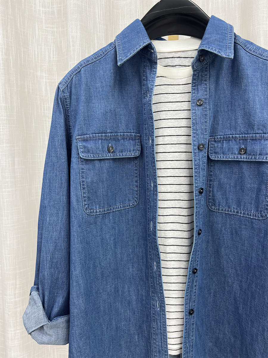Áo sơ mi denim phong cách Hồng Kông cổ điển dáng rộng, mặc nhiều lớp — màu xanh