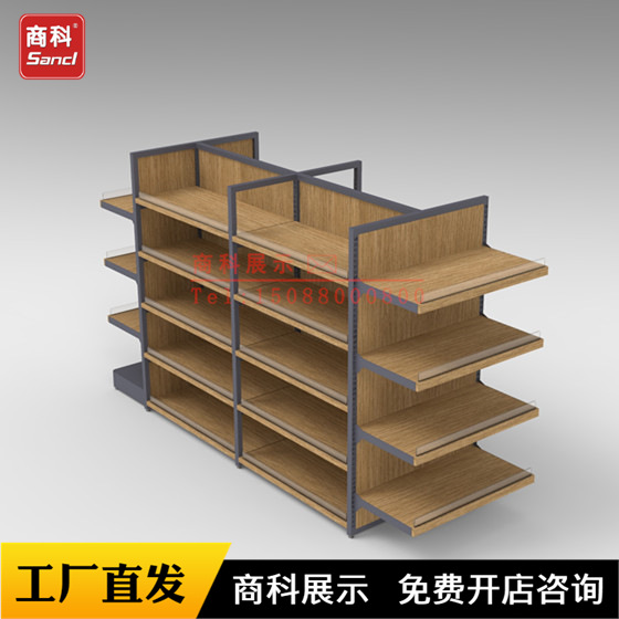 佛山商超精品超市灯光灯箱铁木结合货架木层板四柱双面架厂家批发