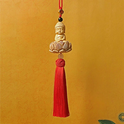 Boxwood Foyou car interior hanging ornaments peach lotus talismanic car rearview mirror pendant pendant wholesale (Car hanging) - single-tassel-small-buddha-red
