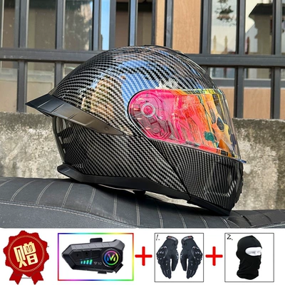 Motosiklet dəbilqələri women, Bluetooth open-face helmet with dual visors - m-black-fiber-pattern-with-iridescent-red-night-vision-capable-y10-bluetooth-hard-microphone