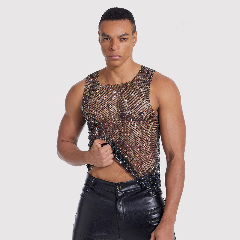 Amazon European and American Men's Mesh Diamond Perspective Top T-Shirt Sexy Rhinestone Fishing Net Blouse Inner Party Dress Men