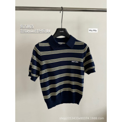 mm Home 25ss 新しいネイビーブルーとイエローのストライプのポロニット半袖スリムフィットで多用途な夏の必需品