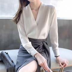 无领白衬衫女抗皱工作服上衣春秋高级感气质雪纺v领职业长袖衬衣