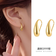 999 Pure Silver Gold-Plated Water Drop Earrings for Women, Polished Simple Hoop Earrings, Minimalist Gift, Instagram Trendy, Unique Design