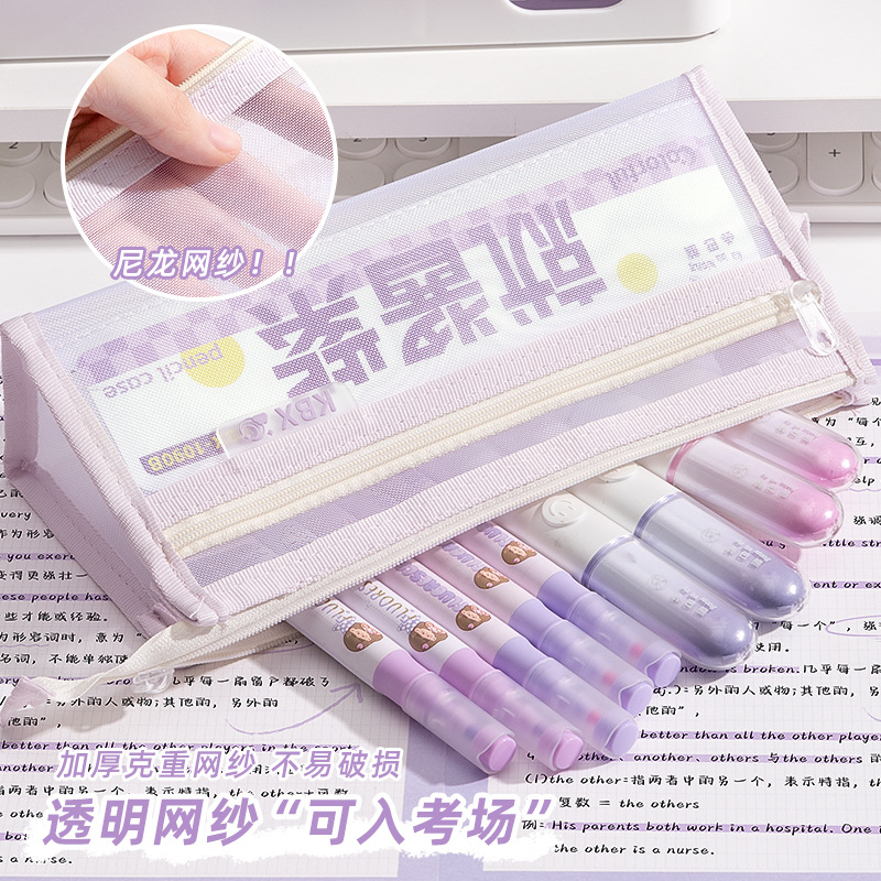 Korean-style triangular mesh pen bag with high aesthetic value, portable for middle and high school students, double-layer, multi-functional, large capacity stationery box