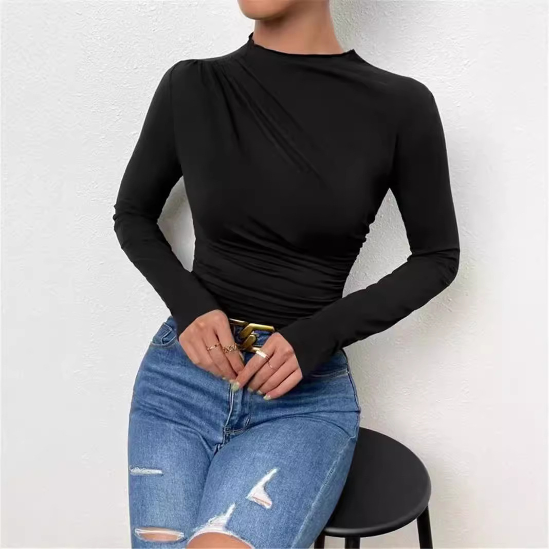 Women's Slim Fit Base Shirt Round Neck Long Sleeve Versatile Pleated Design Solid Color Summer Top_voghion.com