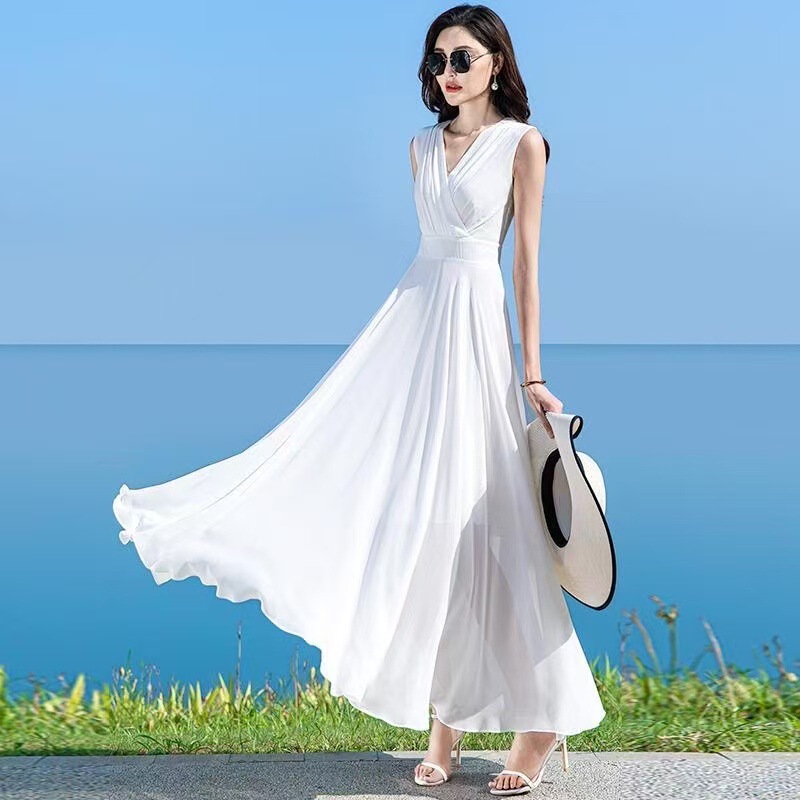 White Dress for Women Summer New Style High-End Elegant Sleeveless Long Ankle-Length Fairy Chiffon Beach Skirt