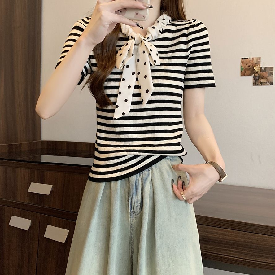 2024 neuer Sommer süßer Polka Dot-Pullover mit Kordelzug, kurzärmeliges Eisseide-Bauchbedeckung, kleines duftendes Streifenoberteil für_voghion.com