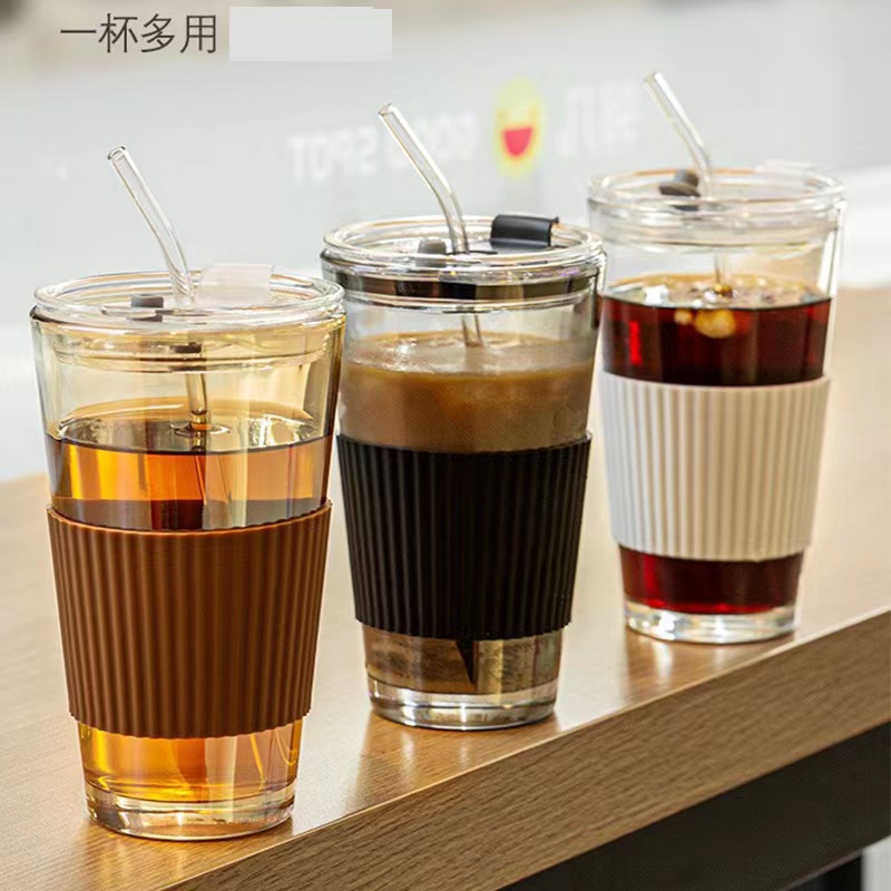Taza de vidrio con tapa de alto valor de la cara taza de café taza de agua portátil taza de paja 450ml
