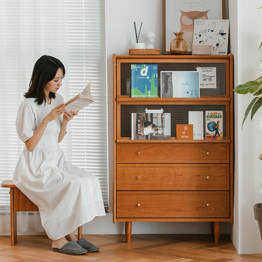 Nordic solid wood dining cabinet simple modern living room glass storage cabinet home study bedroom bookshelf