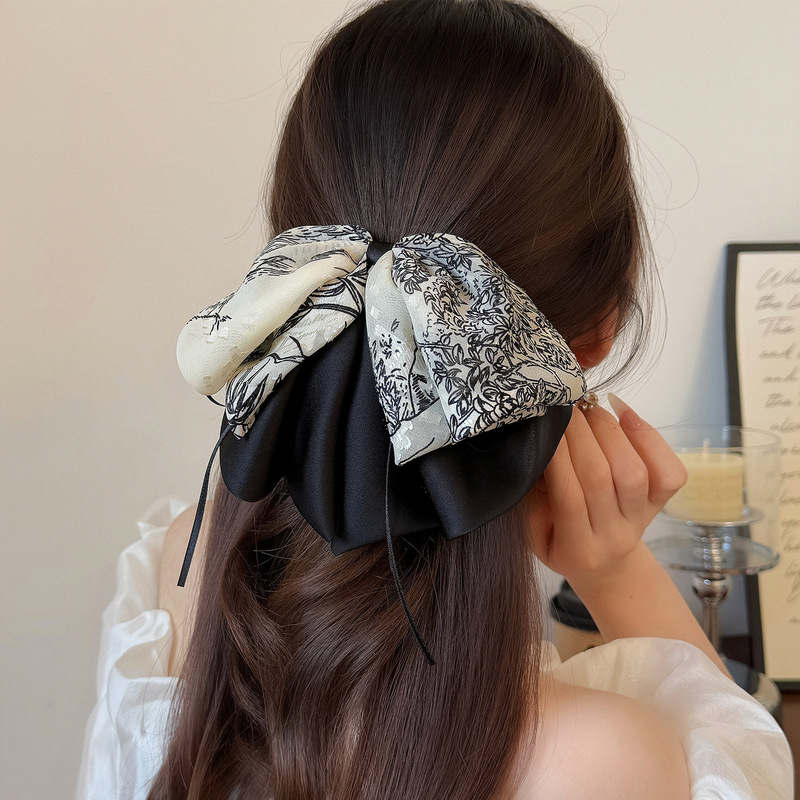 フレンチレトロプリントリボンポニーテールクリップ、エレガントなハーフタイヘアクリップ、絶妙なポニーテールシャークヘアクリップヘッドバンド|undefined