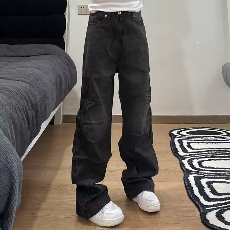 Paris Style 2024 New Arrival Washed Black Denim Loose Cutting Wood Straight Wide Leg Pocket Trousers Trendy Men's Students