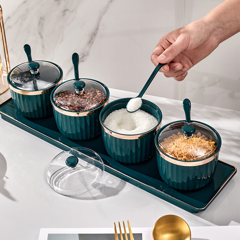Cocina condimento caja combinación traje hogar sal MSG tarro condimento tarro luz lujo oro borde condimento tarro inmersión almacenamiento