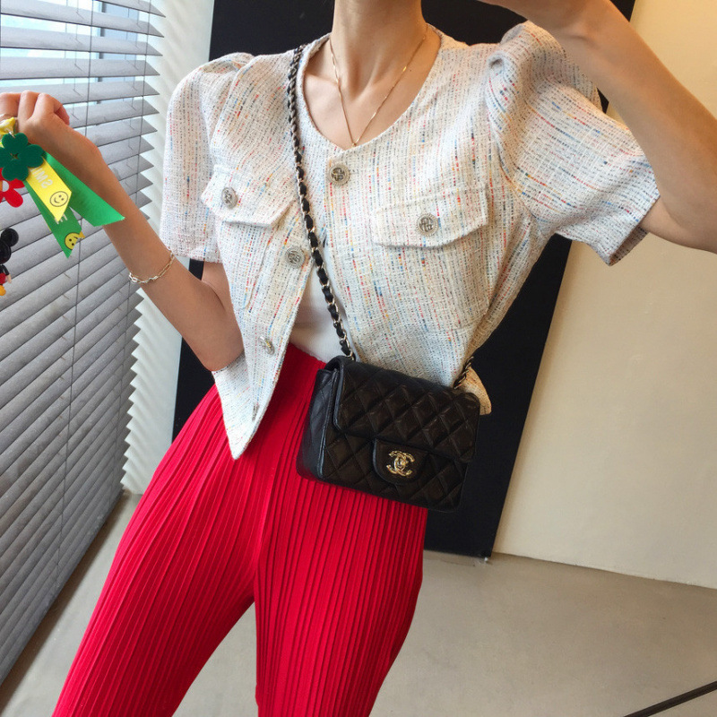 South Korea Chic East Gate Elegant Chanel Style Tweed Chic Button Crewneck Mixed Color Suit Short-sleeved Jacket for Women