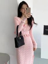 春秋季高级白色针织衫毛衣时尚套装女气质名媛开叉长裙两件套