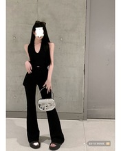 套装女韩版气质黑色v领挂脖针织衫春季新款高腰阔腿长裤子两件套